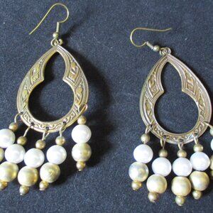 Vintage Unbranded Tooled Brass & Faux Pearls Dangle Earrings  2.75" x 1.75"